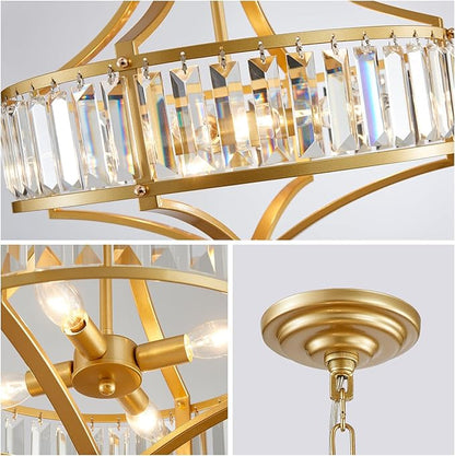 XINGQI 15.7" Modern Dining Room Chandelier Rustic Gold Crystal Lighting Fixture Pendant 4-Light with Round Metal Lampshade for Living Room Kitchen Hallway Bedroom Foyer