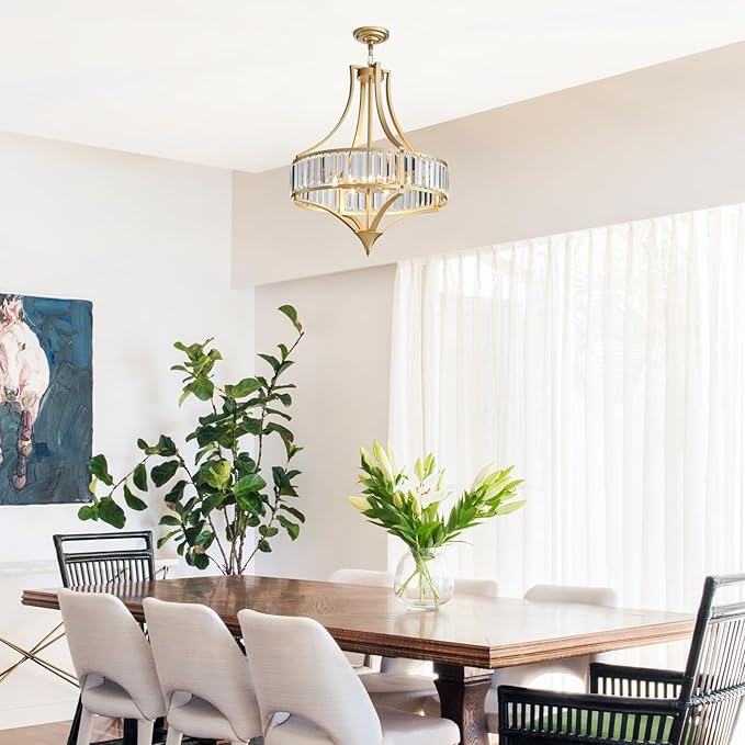 21.6" Gold Crystal Chandeliers Modern Vintage Chandelier with Round Metal Shade Art Deco 6-Light Large Dining Room Light Fixture for Kitchen, Dining Room, Hallway, Bedroom, Foyer