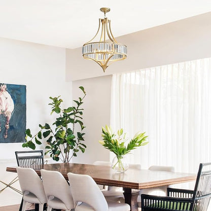 21.6" Gold Crystal Chandeliers Modern Vintage Chandelier with Round Metal Shade Art Deco 6-Light Large Dining Room Light Fixture for Kitchen, Dining Room, Hallway, Bedroom, Foyer