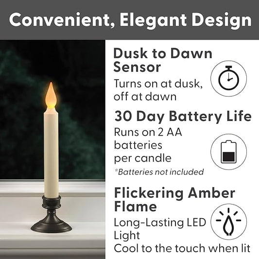 Xodus Innovations FPC1205A-2 Battery Operated LED Window Candle, Dusk to Dawn Light Sensor, Aged Bronze Plastic Base, Amber Flicker Flame, 8-7/8 Inch