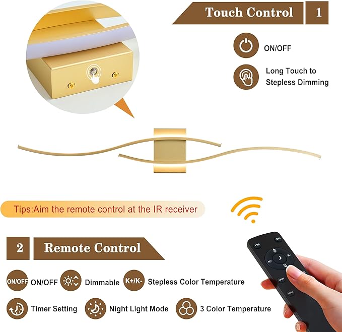 KARTOOSH Battery Operated Wall Sconces Set of Two with Remote Control, Dimmable/3 Colors/Night-Light/Timer/Memory, Gold Modern Wireless LED Sconce for Living Room, Hallway, Bedroom, 39.3 Inch (2 Pack)