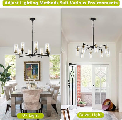 9MMML 8 Lights Black and Gold Chandelier, Modern Glass Ceiling Chandelier Light Fixture, Large Ceiling Hanging Light for Dining Room, Living Room, Bedroom, Kitchen, Over Table, Foyer, E26 Base