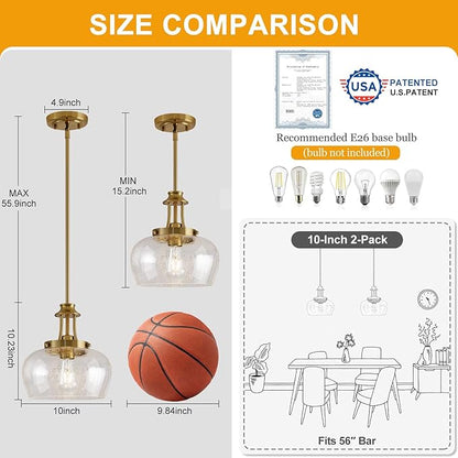 Modern Pendant Lights Kitchen Island, Brushed Gold Pendant Light Fixtures with 10" Clear Air Bubble Glass Shade, Industrial Hanging Pendant Lights Fixture for Kitchen Island Dining Room Entryway
