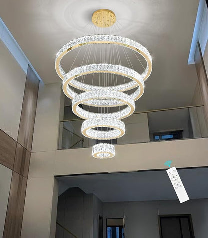 Modern High Ceiling Crystal Chandelier 90W Dimmable LED Chandeliers with Remote Luxury Height Adjustable Large Lighting Fixtures for Living Room Staircase Foyer Gold