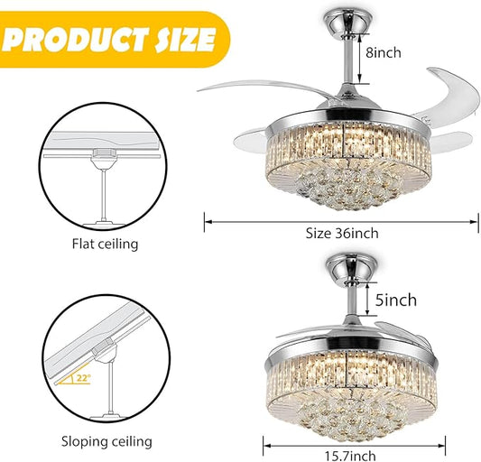 36" Invisible Ceiling Fan Chandelier Light,Modern Crystal Ceiling Fan Light Remote Control 4 Retractable ABS Blades for Bedroom Living Room Dining Room Decoration (Silver)