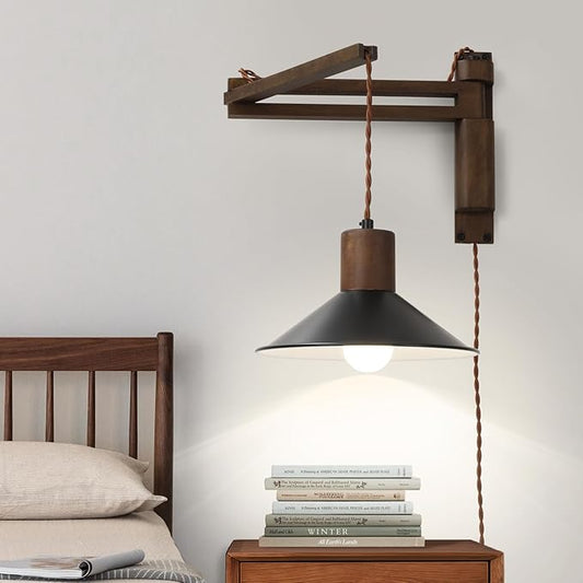 Wood Plug in Wall Sconces, Swing Arm Wall Lamp with Dimmable On Off Switch, 8.6 inch Vintage Wall Mounted Light Fixture with Cord for Bedroom Nightstand Bedside Reading Lamp - Bulb Included