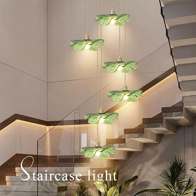 Long High Ceiling Chandelier with Green Blown Flower Glass Shade Vintage Flush Mount Ceiling Hanging light Gold brass pendant light 5 light Ceiling Chandeliers for Staircase Foyer Entryway Living