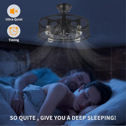 Depuley Outdoor Ceiling Fan with Light: 20" Caged Ceiling Fans with Remote Control for Patio Kitchen Bedroom - Farmhouse Fandelier Flush Mount Lights Fixture Reversible 6 Speed Timer Black