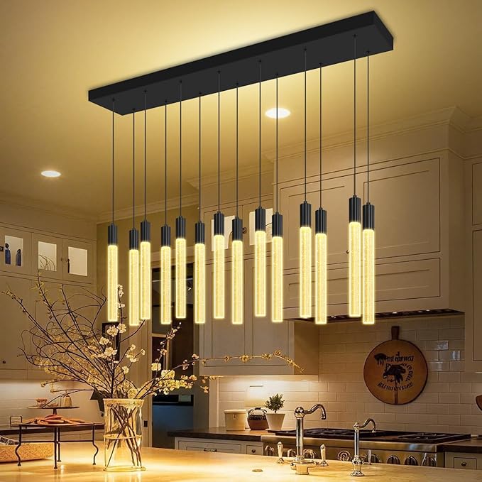 Modern Rectangular Crystal Chandelier Led 14-Light Black Crystal Column Chandelier for Staircase, Living Room, Foyer, Hallway