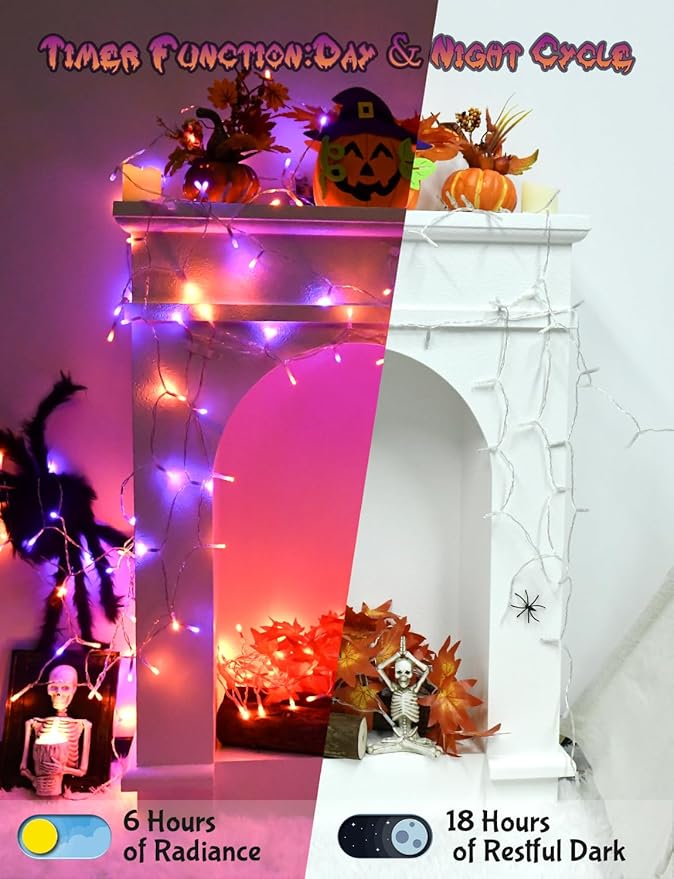 cshare Halloween String Lights Battery Operated with Timer, Orange and Purple Fairy Lights Outdoor 9.8ft 30LED, Halloween Decorations for Party Yard Pathway Indoor Outdoor 2 Packs