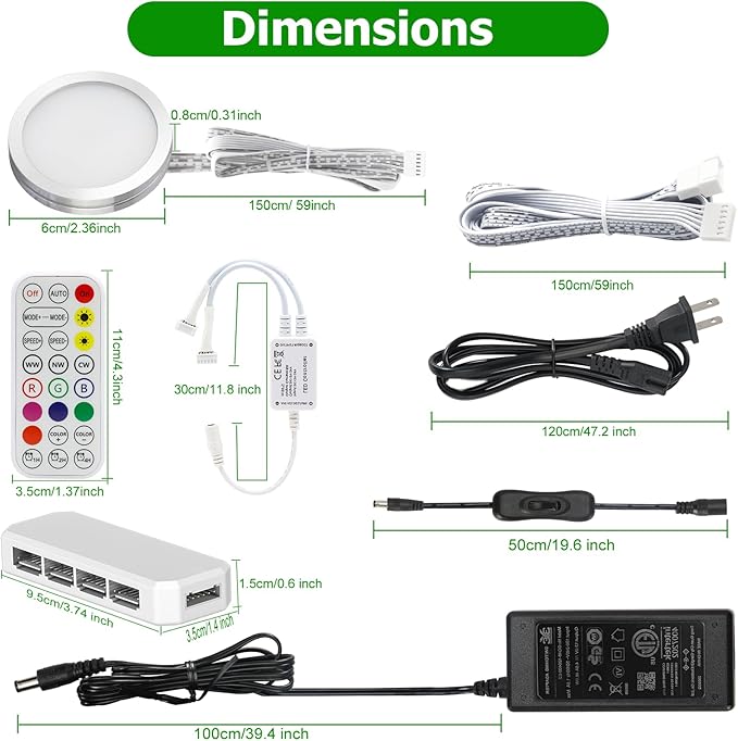 AIBOO Under Cabinet Lighting Kit, 16 Pack Dimmable RGB and CCT LED Puck Lights with Timer Function, Wireless Remote Control, Linkable Design, Ideal for Kitchen, Living Room, and Display Shelves