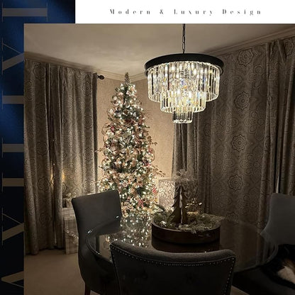 A AXILIXI Black Crystal Chandeliers Modern Round Chandeliers 20" Dimmable 9 Lights Ceiling Pendant Light Fixtures 3 Tiers Luxury Raindrop for Living Room Dining Room Bedroom Foyer