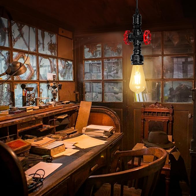 Kawell Vintage Pendant Light Fixtures Industrial Retro Ceiling Chandelier Creative Water Pipe Hanging Light Fixtures Art Deco Iron E26 60W Max for Bedroom Cafe Bar Restaurant Kitchen, Black Color
