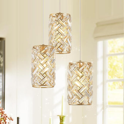 CATINER 3-Light Modern Gold Crystal Pendant Light Luxury Mini Chandelier, Adjustable Cluster Pendant Lighting for Kitchen Island Dinning Room Bedroom Hallway Porch