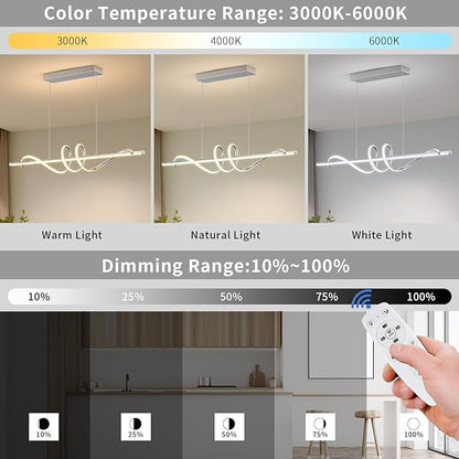 Modern LED Pendant Lights Kitchen Island,3000k-6000K Adjustable Color Dining Room Light Fixture,Dimmable with Remote Control Aluminum for Kitchen, Living, Dining,Bedroom(47in Chrome Silver