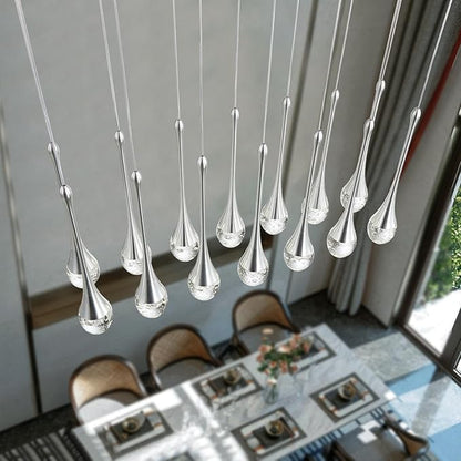 ykolupty Modern Rectangular Chandelier,14 Lights Silver Raindrop Chandelier Lighting,Industrial Linear Pendant Ceiling Light Fixture for Dining Living Room Kitchen Island