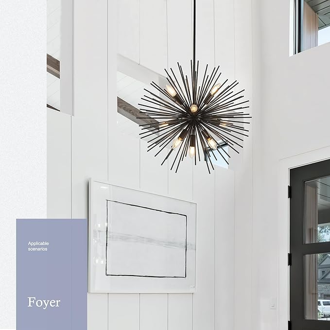 23.6" 9-Light Black Sputnik Chandelier Modern Industrial Adjustable Firework Globe Ceiling Fixture for Living Room, Entryway, Dining, Bedroom, Hallway, Stairway