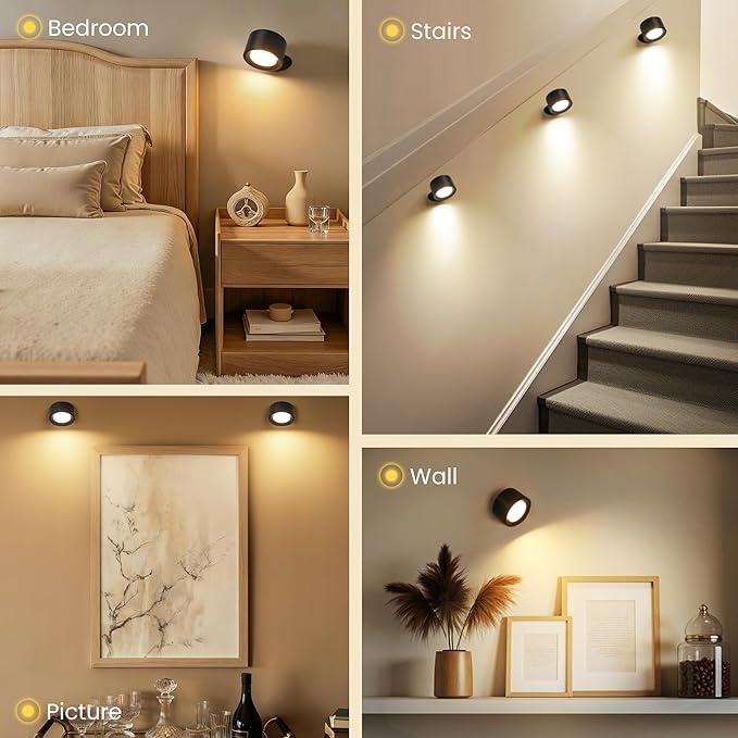 Wall Mounted Lamp LED Wall Lights with Rechargeable Battery Operated, 3 Color Temperatures & 3 Brightness Levels 360°Rotate Magnetic Ball, Cordless Sconces for Reading Bedroom Bedside,Black-1 Pack