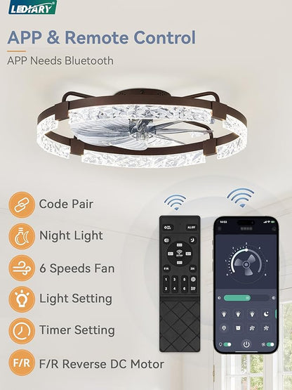 LEDIARY 2 Pack 24 Inch Low Profile Ceiling Fans with Lights and Remote, Fandelier Modern Ceiling Fan, 3000K-6000K Dimmable LED Fan Light, Brown Flush Mount Ceiling Fans with Lights for Bedroom