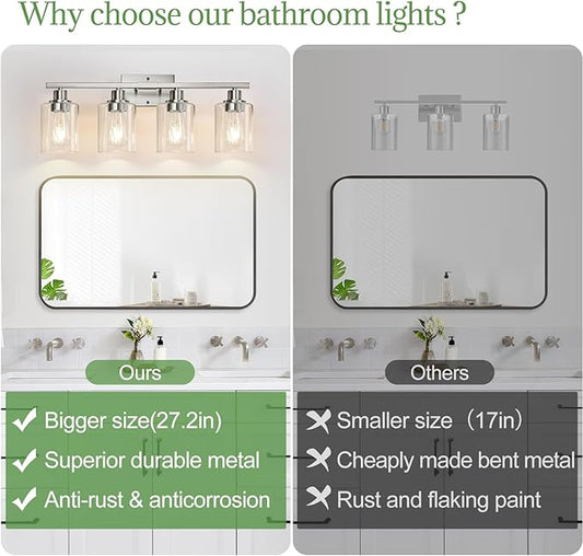MOKATNG 4-Light Bathroom Light Fixtures, Vanity Light with Clear Glass Shades, Brushed Nickel Bathroom Light Fixtures Over Mirror, Modern Bathroom Wall Lamp for Mirror Living Room Cabinet Bedroom