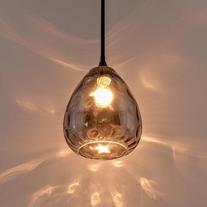 Smoked Hammered Glass Pendant Light with Matte Black Accent, Adjustable Hanging Lamp for Kitchen, Dining Room, and Living Room (Black & Smoked Glass)