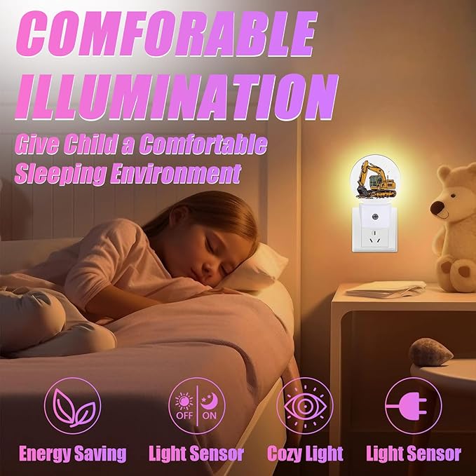 Cartoon Excavator Night Light Mechanical Construction Truck Night Lights LED Lamp Round Plug into Wall Nightlight with Dusk to Dawn Sensor Home Hallway Stairway Kitchen Decor