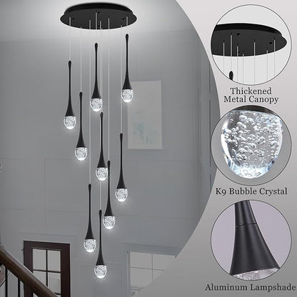 Modern Crystal Chandelier 10-Lights Black, H98.5'' High Ceiling Spiral Dimmable LED Bubble Crystal Raindrop Light Fixture for Foyer Entryway Dining Room Remote Control