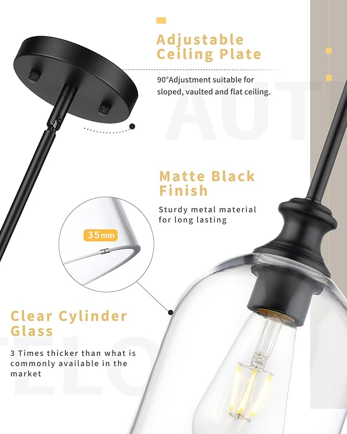 AUTELO Black Pendant Lights Kitchen Island, 1-Light Pendant Lights in Black Finish with Clear Cylinder Glass, Modern Pendant Light Fixtures, Hanging Lamp for Kitchen Island H2511 CLBK