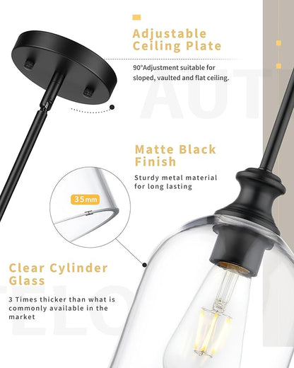 AUTELO Black Pendant Lights Kitchen Island, 1-Light Pendant Lights in Black Finish with Clear Cylinder Glass, Modern Pendant Light Fixtures, Hanging Lamp for Kitchen Island H2511 CLBK