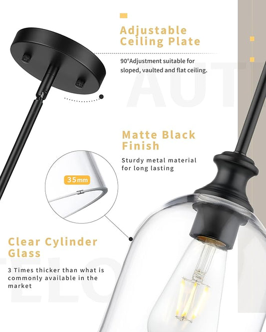 AUTELO Black Pendant Lights Kitchen Island, 1-Light Pendant Lights in Black Finish with Clear Cylinder Glass, Modern Pendant Light Fixtures, Hanging Lamp for Kitchen Island H2511 CLBK