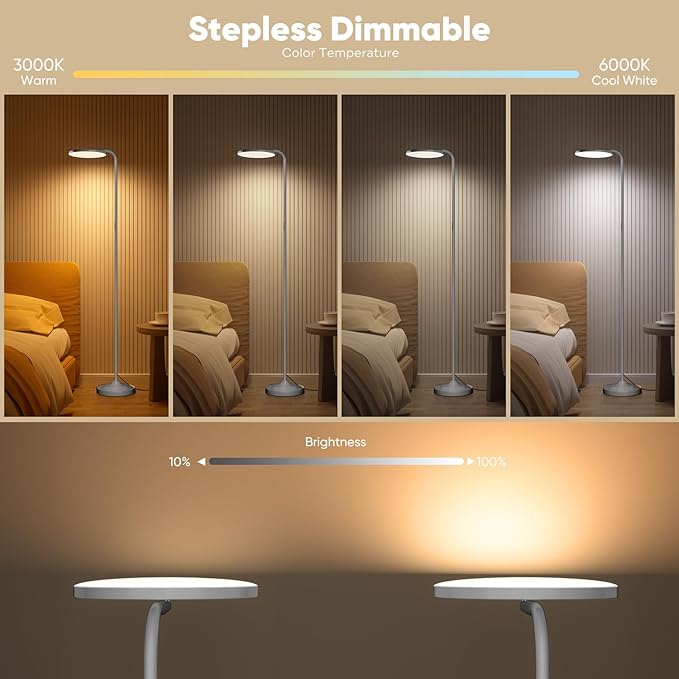SIBRILLE 36W LED Floor Lamp, Super Bright Standing Lamp, Modern Stepless Dimmable Torchiere Tall Lamp with Remote Control, 350°Rotating Head Reading Floor Lamp for Living Room, Bedroom, Office