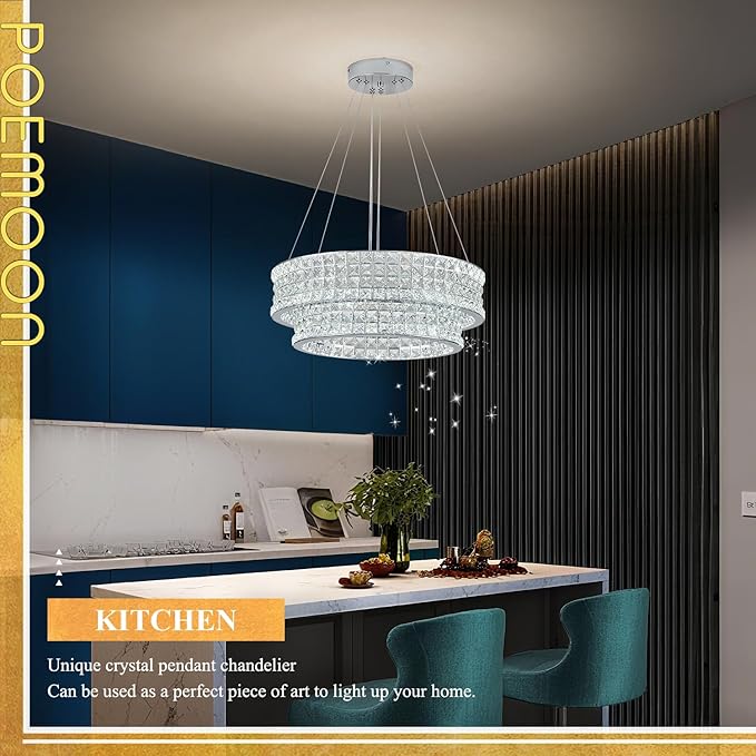 LED Crystal Chandeliers with Remote Control 20’’ Luxury 2-Tier Modern Chrome Chandelier Light Fixture Dimmable for Dining Room Bedroom Kitchen Foyer Entryway 3000-6500K