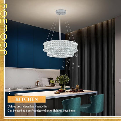 LED Crystal Chandeliers with Remote Control 20’’ Luxury 2-Tier Modern Chrome Chandelier Light Fixture Dimmable for Dining Room Bedroom Kitchen Foyer Entryway 3000-6500K