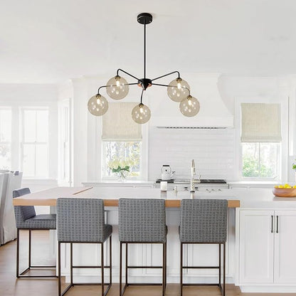 5 Light Black Sputnik Chandelier Mid Century Modern Chandelier with Cognac Clear Glass Globe Shade Pendant Light for Kitchen Dining Room