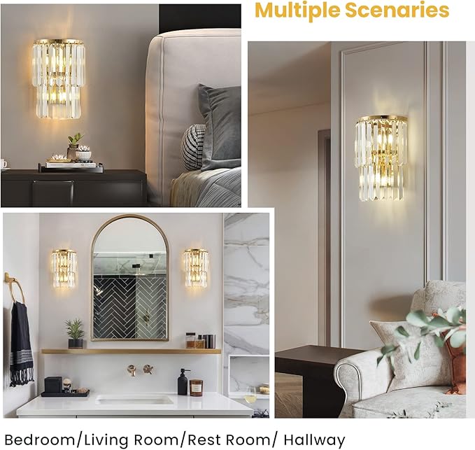 Siljoy 2-Lights Modern Crystal Wall Light, 2-Tiers Crystal Bedside Wall Mount Lighting Fixture, Mirror Gold Stainless Steel K9 Crystal Wall Sconce for Bedroom Living Room Hallway H10'' x L8''