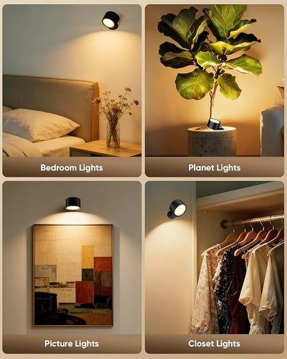 LED Wall Mounted Lights 2 Pcs with Remote, Rechargeable Wall Sconce with 3 Color Temps & Dimmable Magnetic 360° Rotation Cordless Light for Bedroom Reading Bedside (Black, 1 Pack)