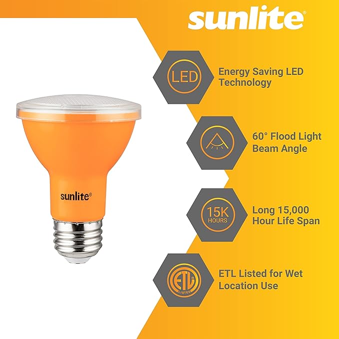 Sunlite 81469 LED PAR20 Colored Recessed Light Bulb, 3 Watt (50w Equivalent), Medium (E26) Base, Floodlight, ETL Listed, Amber, 1 Count (Pack of 2)