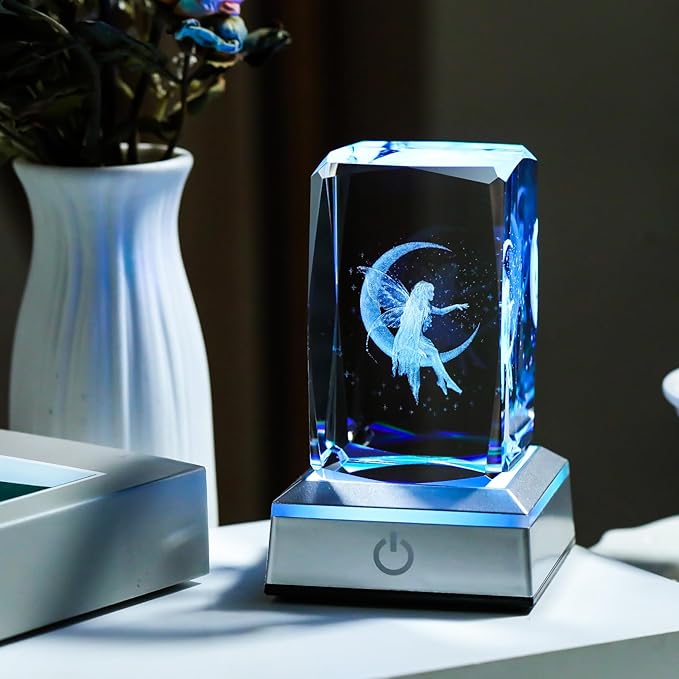 3D Crystal Cube Fairy Night Light Room Decor Paperweight Figurine Statue Gifts for Adults Girls - Engraved Glass Collectible Ornament Gifts for Fairy Lovers