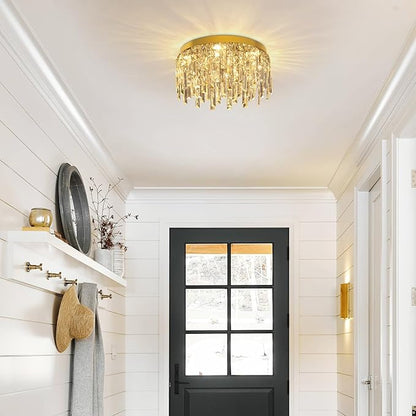 VETRULUS Gold Crystal Chandeliers for Dining Room 15.74" Round Luxury Flush Mount Crystal Ceiling Light Fixture Modern Chandelier for Bedroom Living Room Kitchen Island