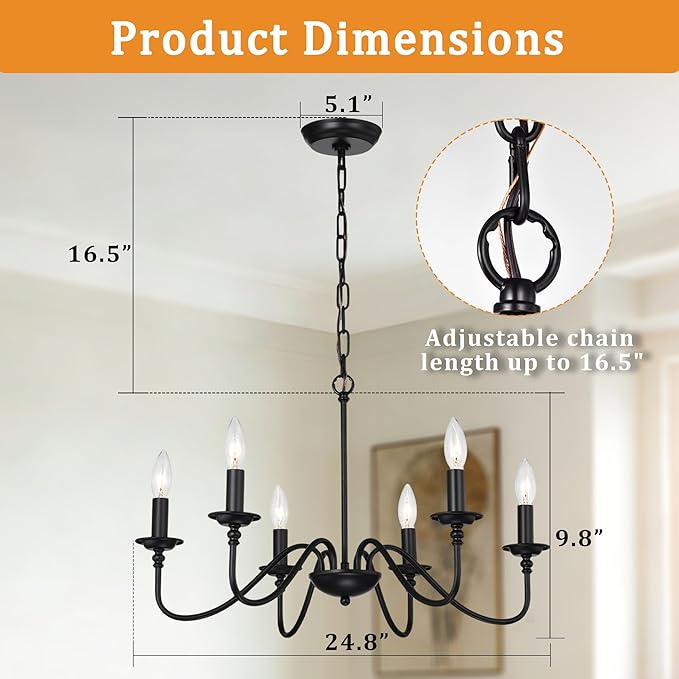 Farmhouse Black Chandelier 6-Light Candle Style Rustic Chandelier, Industrial Metal French Country Ceiling Light Fixture for Dining Room, Kitchen Island, Living Room, Bedroom, Entryway, Foyer