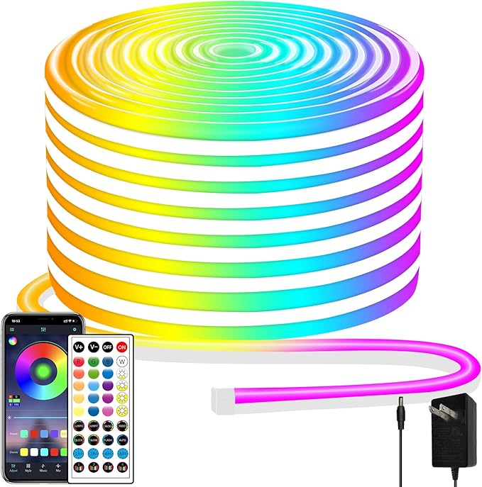 segrass 50ft Neon Rope Light, 24V RGB LED Strip Lights, Multi-Color, Music Sync, Dimmable, Remote/APP Control, Flexible DIY Design for Bedroom Indoor Outdoor