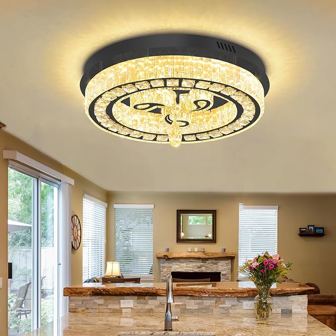 20'' Black Modern Crystal Chandelier LED Dimmable Flush Mount Crystal Ceiling Light for Living Room Bedroom Dining Room