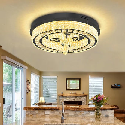 20'' Black Modern Crystal Chandelier LED Dimmable Flush Mount Crystal Ceiling Light for Living Room Bedroom Dining Room