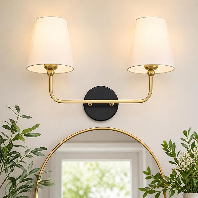 2-Light Bathroom Light Fixtures, Black and Gold Vanity Lights, Double Wall Sconce with Flared White Fabric Shade, Modern Sconces Wall Lighting for Hallway Bedroom Stairway, VL837-KG-2