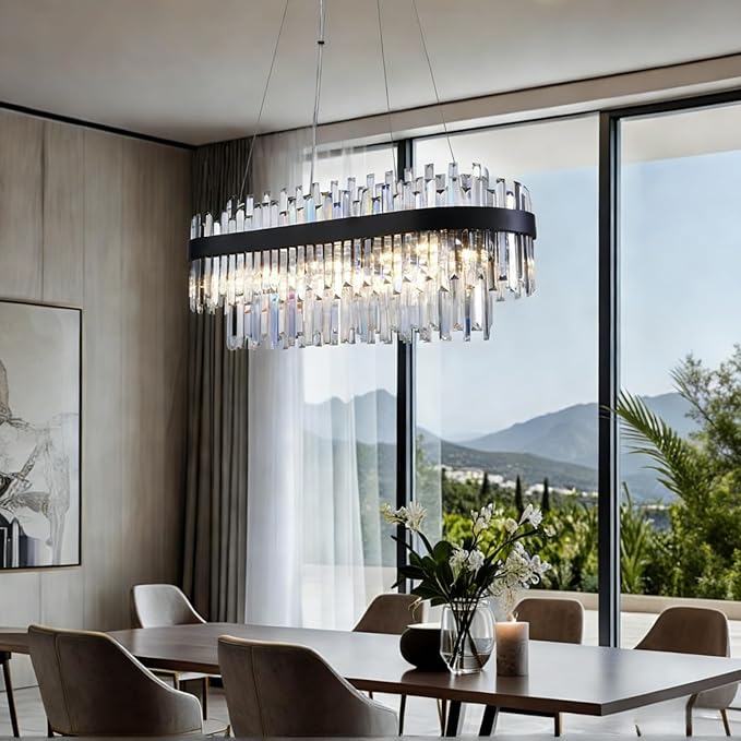 Black Crystal Chandelier for Dining Room, 35.4" Modern Luxury 2-Tier K9 Crystal Oval Chandelier, 10-Light E12 Base Pendant Light Fixture, Height Adjustable for Kitchen Island Living Room