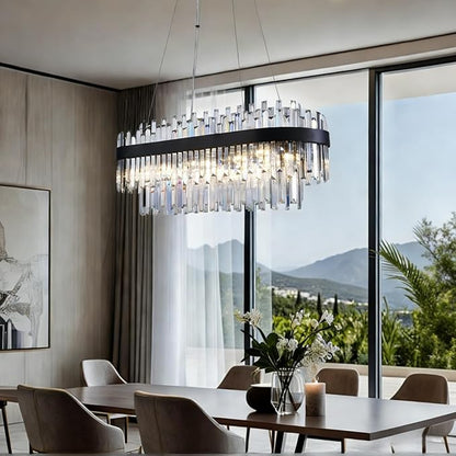 Black Crystal Chandelier for Dining Room, 35.4" Modern Luxury 2-Tier K9 Crystal Oval Chandelier, 10-Light E12 Base Pendant Light Fixture, Height Adjustable for Kitchen Island Living Room