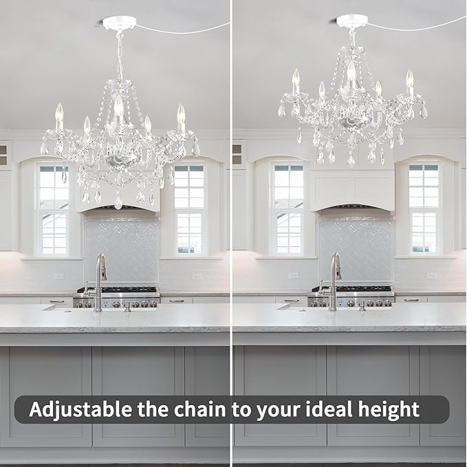 Plug in Chandelier,White Crystal Chandeliers Hanging Pendant Light Crystal Ceramic 5 Light with Plug in Cord