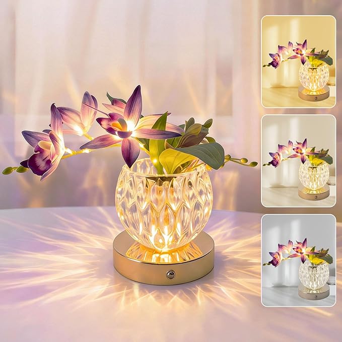 Flower Table Lamp, 3-Color Touch Dimming Orchid Glass Night Light, Rechargeable Artificial Flower Light, Desktop Ambient Light Romantic Gifts for Girls Women Mom (Purple-Ivory Orchid)