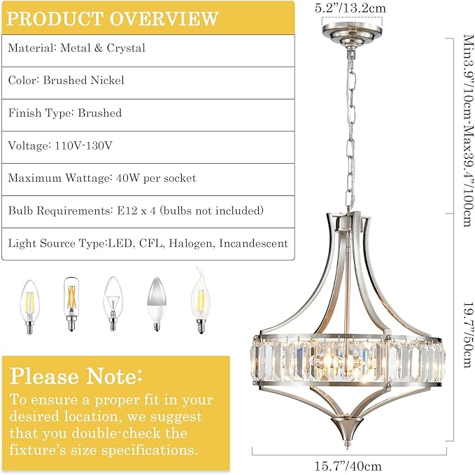 Brushed Nickel Crystal Chandeliers for Dining Room, Modern Round Light Fixture for Kitchen Hallway Bedroom Foyer Living Room, 4 Lights Farmhouse Adjustable Height Hanging Light, 16 Inch