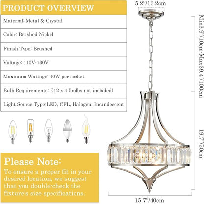Brushed Nickel Crystal Chandeliers for Dining Room, Modern Round Light Fixture for Kitchen Hallway Bedroom Foyer Living Room, 4 Lights Farmhouse Adjustable Height Hanging Light, 16 Inch